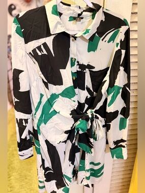 Worthington Black White Green Abstract Midi Dress